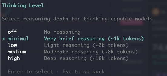 Pi's Thinking Level menu — off through high, with minimal ("very brief reasoning, ~1k tokens") selected