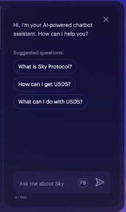 The chat assistant widget inside Sky.money: 'Hi, I'm your AI-powered chatbot assistant' with suggested questions about Sky Protocol and USDS