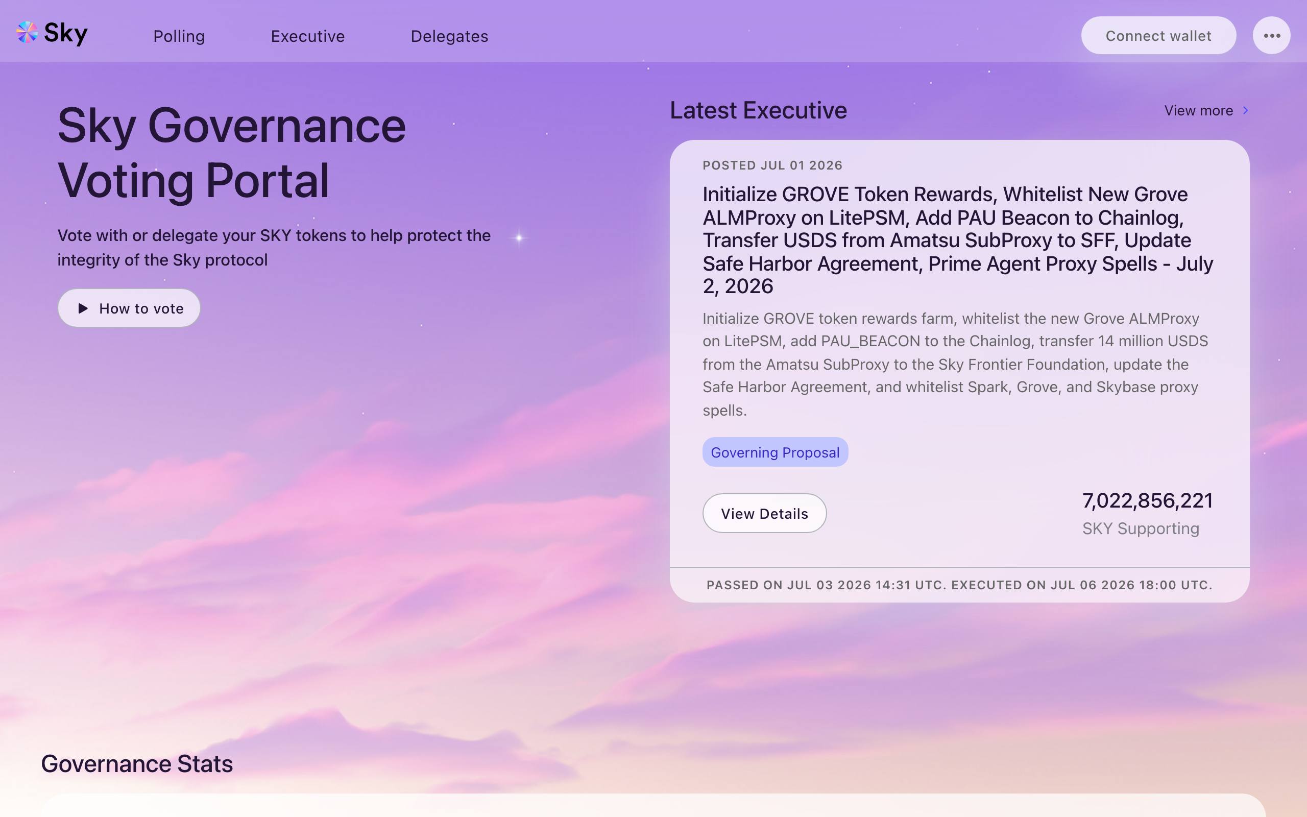 vote.sky.money — Sky Governance Voting Portal, latest executive with 7.02B SKY supporting